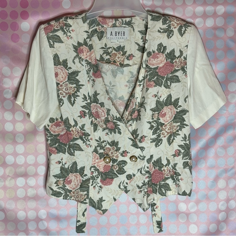 Vintage A. Floral Short Sleeved Shoulder Pad Button Up Blouse Vest Top